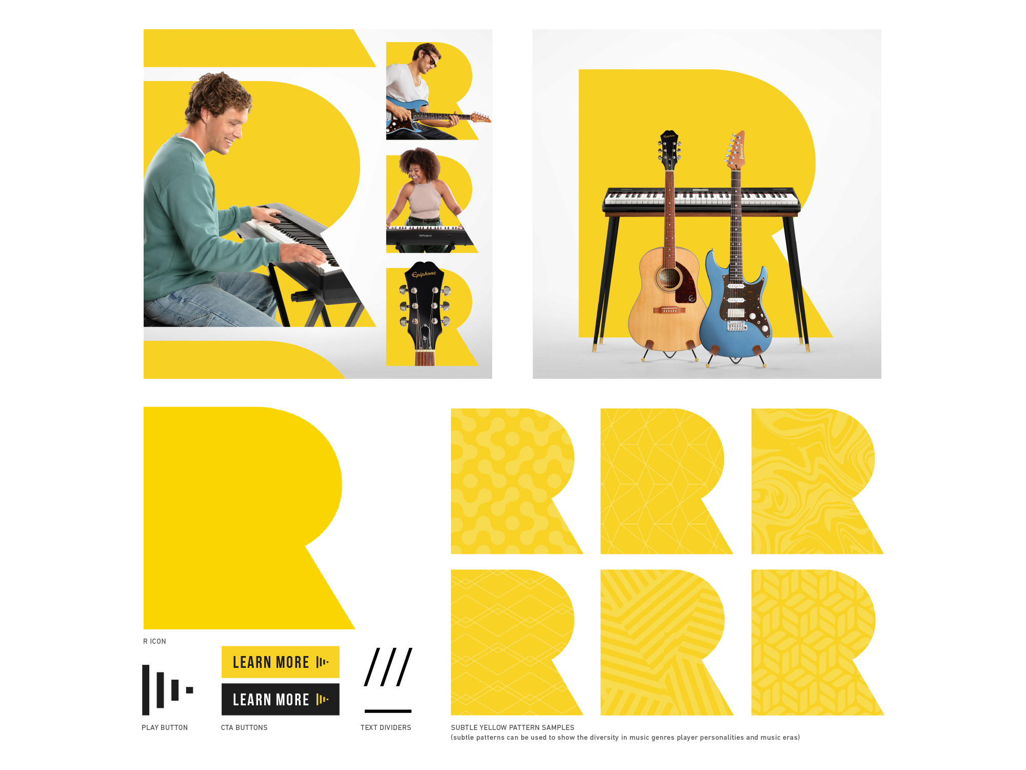 Rocksmith+ R icon system with patterns, CTA buttons and text dividers