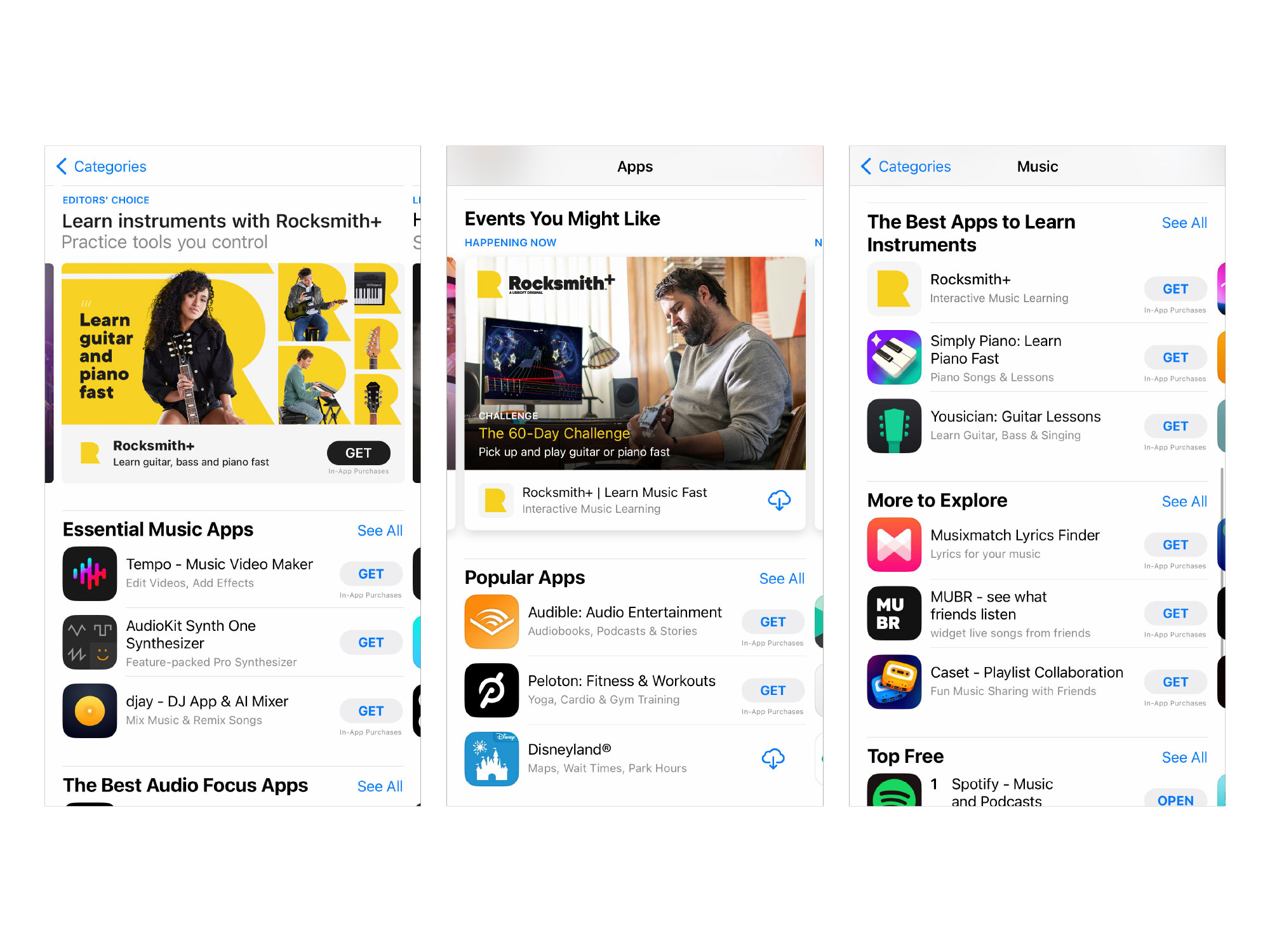 App store placements and feature cards across categories and editorial slots