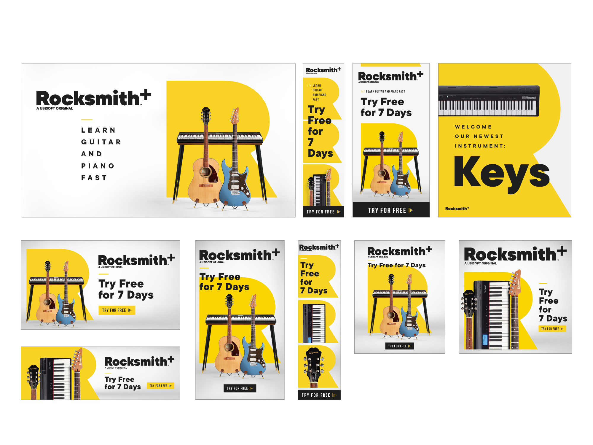 Conversion banner suite promoting the seven day free trial and piano launch