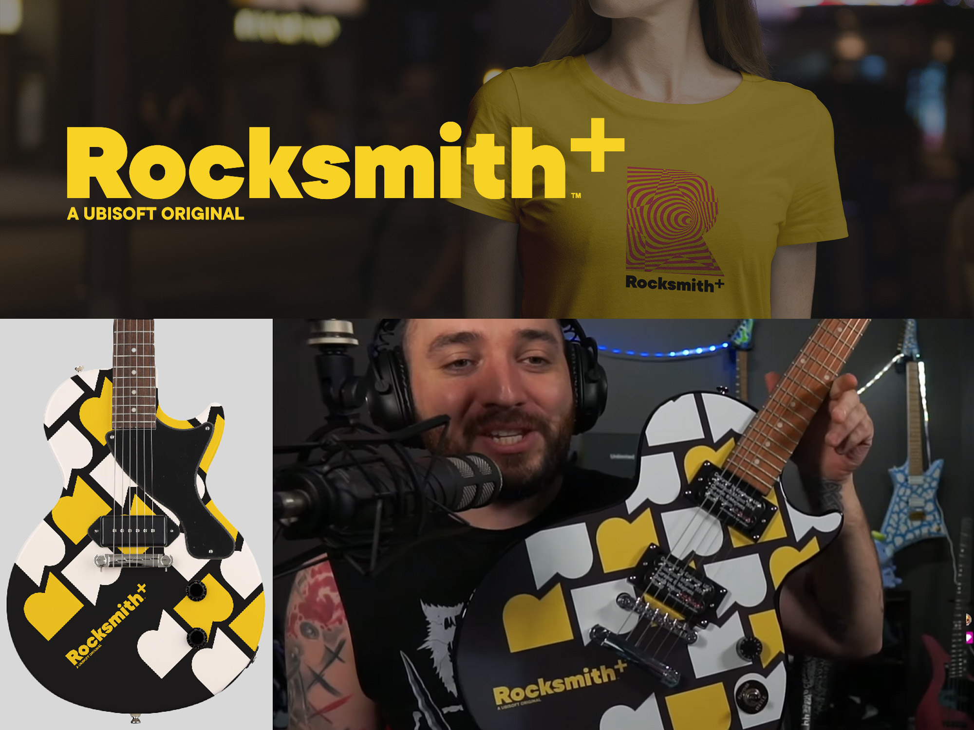 Rocksmith+ influencer merchandise including t-shirt, custom guitar and streamer feature