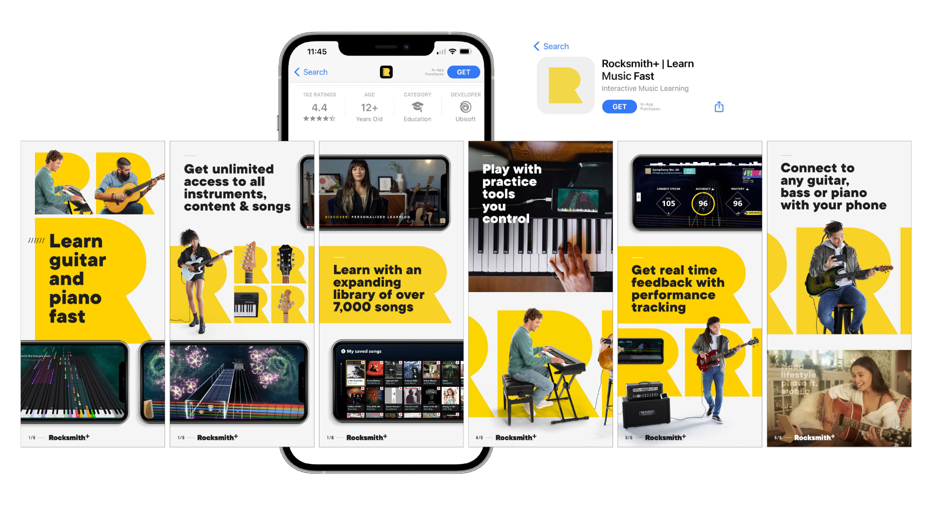 Rocksmith+ app store creative showing product page, screenshots and feature messaging