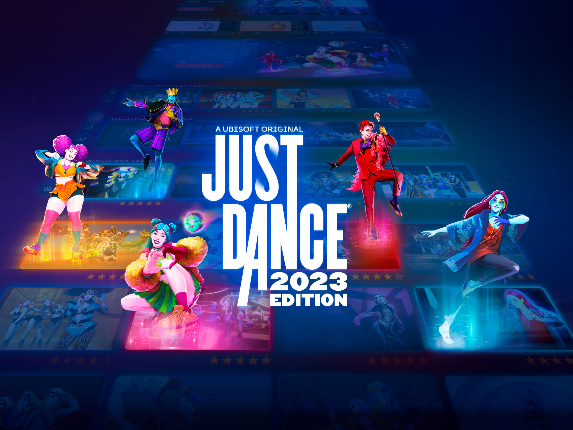 Just Dance 2023 key art showing coaches performing across a streaming style interface