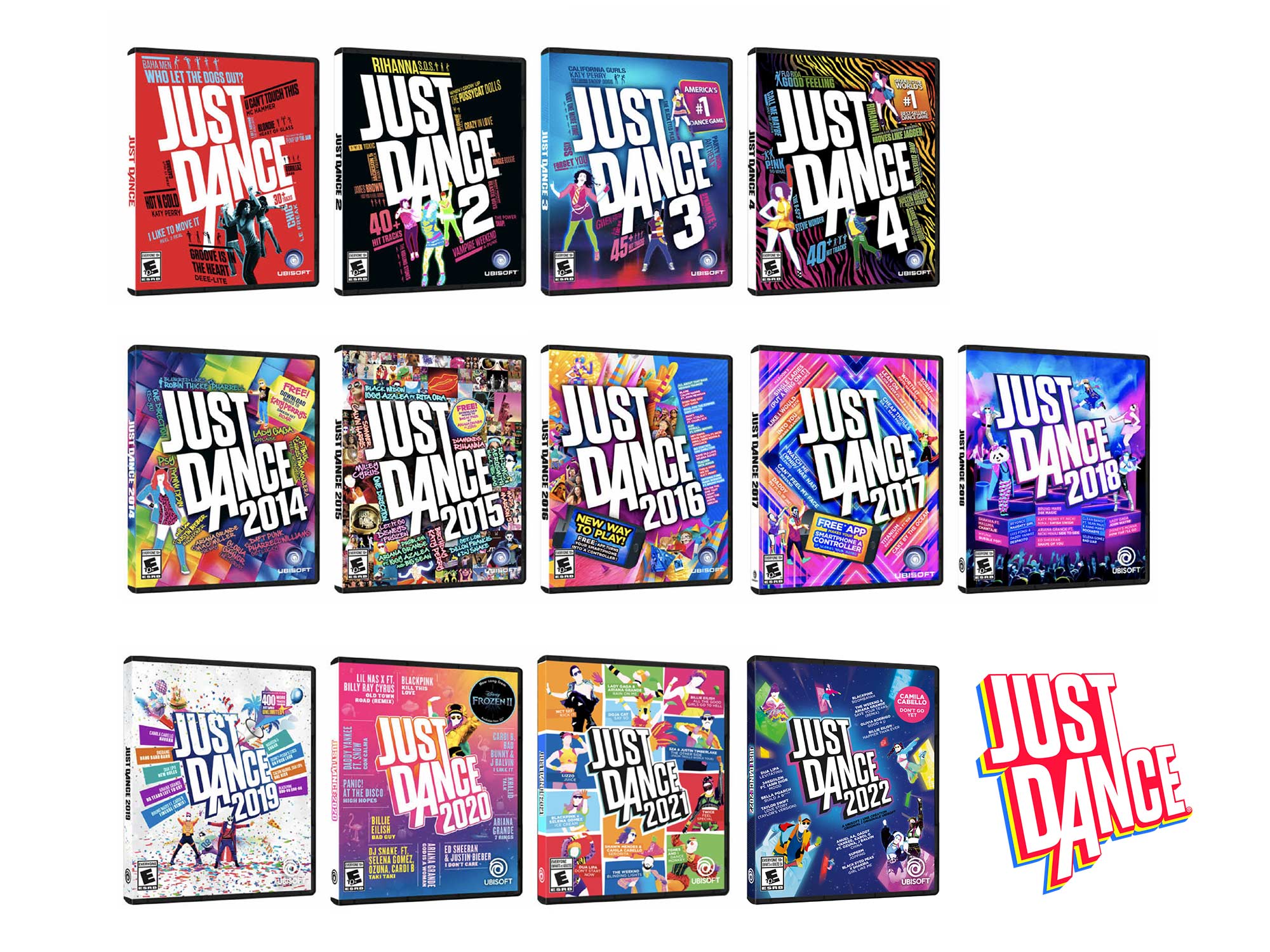 Thirteen years of Just Dance packaging and logo expression