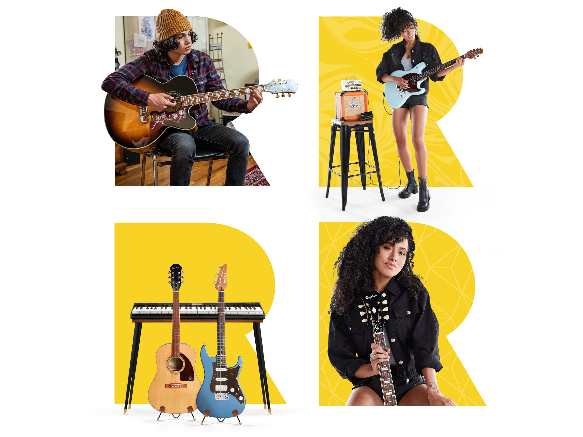 Modular R-shaped photography crops across guitar and piano lifestyle imagery