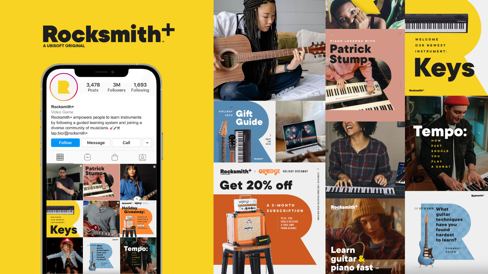 Rocksmith+ social and channel system in context across profile, editorial and campaign posts