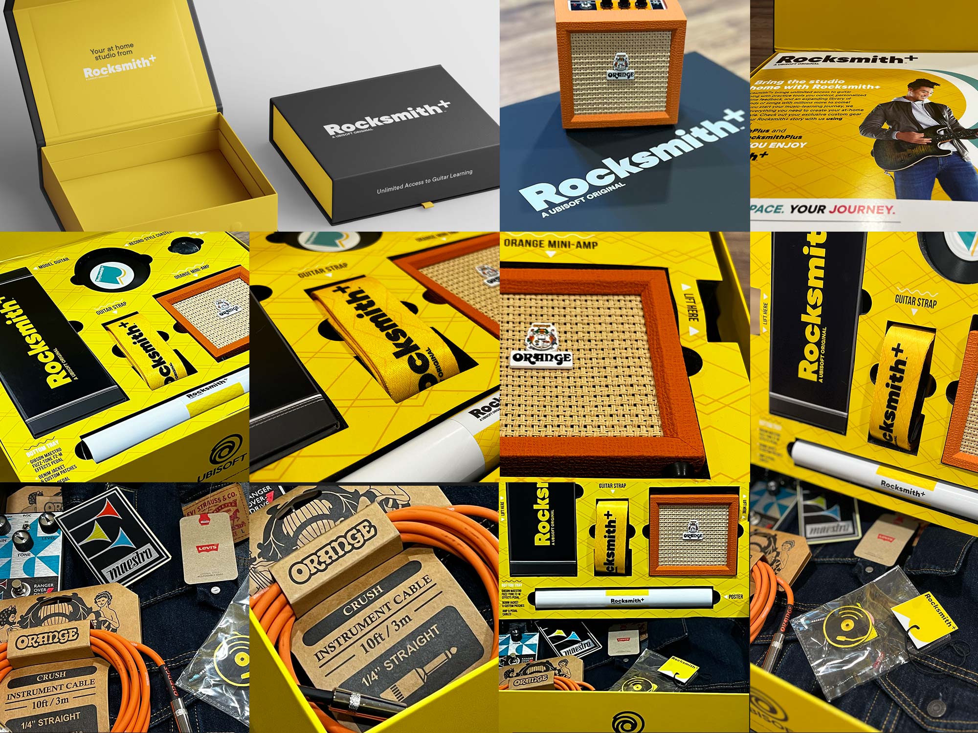 Rocksmith+ influencer kit contents with packaging, amp, strap and accessories