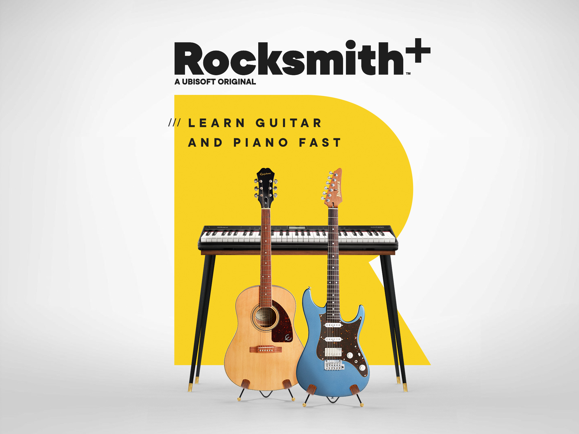 Rocksmith+ key art showing guitar and piano with a bright yellow learning-focused headline